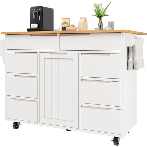 ELVMI Carrello da cucina con 8 Cassetti, 1 Anta e Piano Pieghevole, Portasciugamani, MDF, Bianco, 122×46×91.5 cm (1/5)