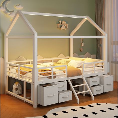 Hochbett 90 x 200 cm aus Metall und MDF, Weiß, LED, Stauraum, ohne Matratze – MEUBLIV (1/5)