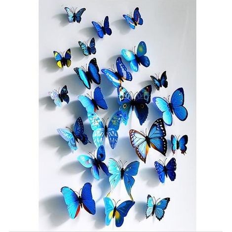 Stickers muraux - Papillons 3D - Bleu - Lot de 12 - Décoration élégante - Pour enfants