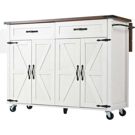 Isla de cocina con encimera abatible, carro auxiliar blanco de MDF con 4 puertas y 2 cajones, 140 cm (1/5)