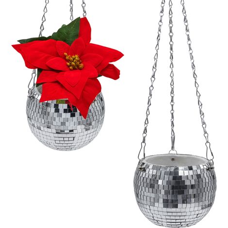 Blumenampel im Discokugel Design 15 cm mit Metallkette - 2er Set - Pflanztopf in Spiegelkugel Optik zum Hängen