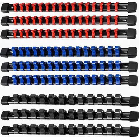Porte-Douilles 1/2" & 3/8" & 1/4", Lot de 9 Rails ABS avec 129 Clips (1/5)
