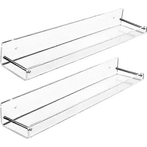 Lot de 2 étagères flottantes en acrylique, 38 cm (L) x 8,25 cm (l), étagère murale transparente pour salle de bain, étagères à livres, présentoir invisible pour bureau (1/4)