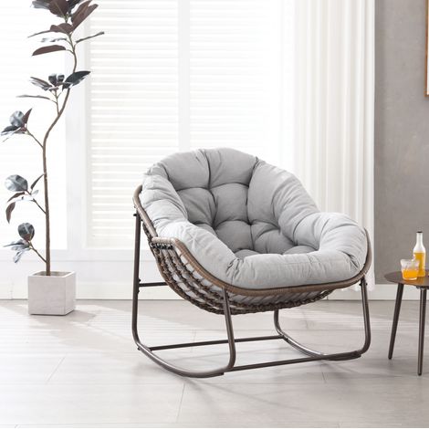 Fauteuil à bascule d'extérieur, fauteuil à bascule en rotin en forme d'œuf avec coussins épais, fauteuil lounge moderne, adapté aux jardins ensoleillés et aux patios, gris (1/4)