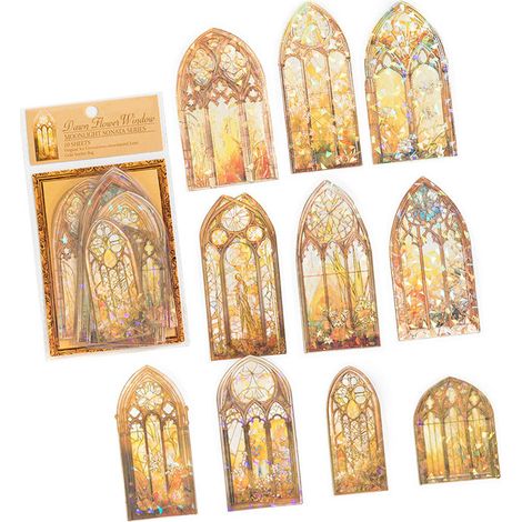 Lot de 10 stickers holographiques 3D PET pour scrapbooking, design fenêtre lumineux, autocollants esthétiques faciles à poser pour journal et carnet, couleur jaune (1/5)