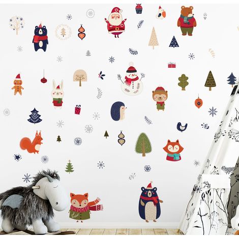 Stickers Noël animaux de la forêt du réveillon - Autocollants stickers adhésifs noël - décoration fêtes - 40x45cm (1/5)