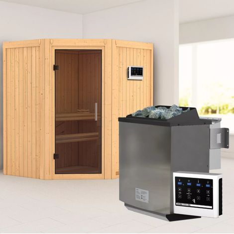 Sauna d'Angle 2-3 Places Karibu Taurin 68mm Poêle 9kW Porte Vitrée