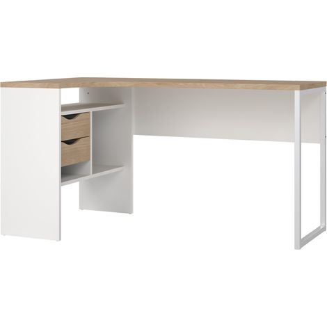 FunctionPlus Schreibtisch Ecke 3 Ablagen 2 Schubladen Nussbaum dekor weiß. (1/5)