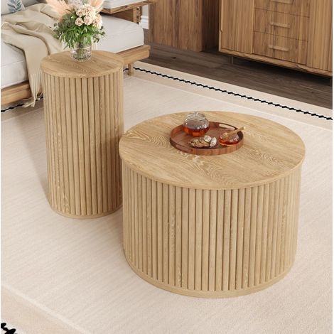 Mesa de centro redonda doble 60 x 60 x 38,5 cm + 30 x 30 x 56 cm en MDF natural OKMYHOME (1/5)