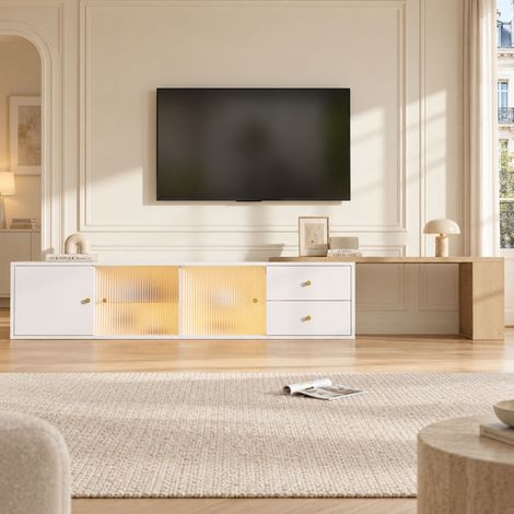 Meuble TV extensible 175 cm avec LED RGB, 2 tiroirs, 2 portes coulissantes en verre, rangements, blanc et bois naturel (1/5)