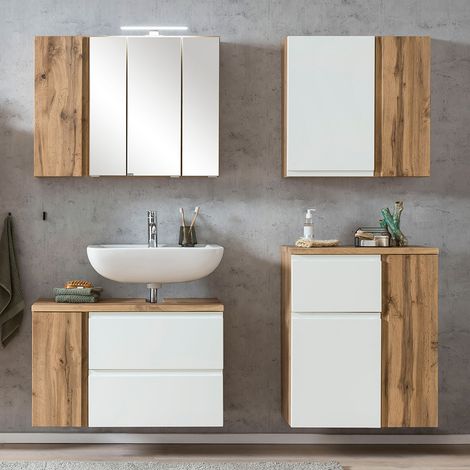 Badezimmer Set, stehend/hängend, in Wotan Eiche Nb. mit weiß matt, VASTO-03-WHITE, B/H/T ca. 165/200/35 cm (1/5)