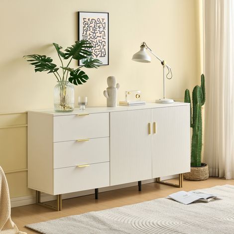 Buffet blanc élégant 160x40x81.5 cm avec 2 portes, 3 tiroirs, poignées doré et pieds en acier robustes pour votre salon ou salle à manger (1/5)