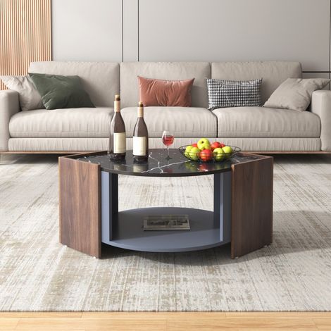 Table basse de salon bicolore - 96,5x63x40cm - Plateau effet marbre noir et bois de noyer avec grande niche - Moderne - Noir (1/5)