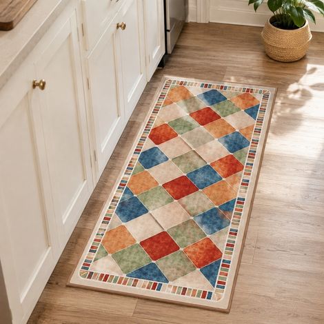 Tapis de cuisine adhésif sans colle, motif losanges colorés vintage, 60 x 90 cm (1/5)