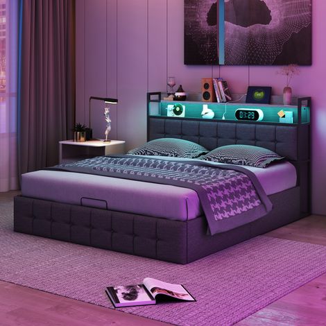 Polsterbett 140x200 cm mit Bettkasten, Doppelbett mit Lattenrost, RGB-LED-Beleuchtung (App/Fernbedienung) und USB-Anschluss, Samt, Grau