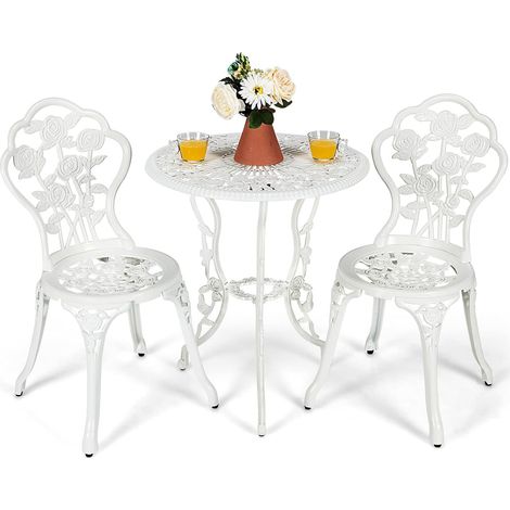 Costway – Ensemble table et chaises de jardin 3 pièces – Fonte aluminium – 2 chaises ergonomiques avec motif rose – Table ronde avec trou pour parasol (1/5)