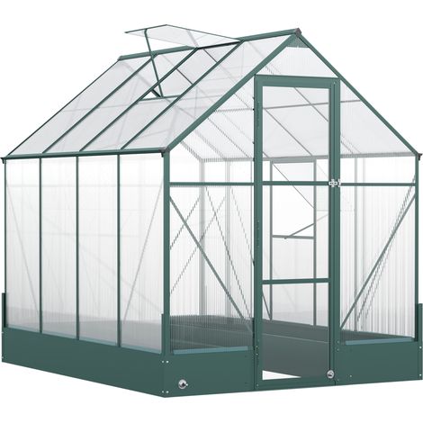 6x8 FT Polycarbonate Greenhouse with Base and Raised Bed, Walk-in Greenhouse with Aluminium Frame, Temperature Controlled Window, Foundation for Plants, Flowers, Vegetable