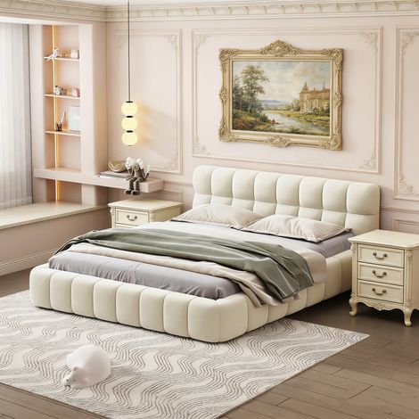 Lit 140x190 cm, Lit Bubble avec Sommier à Lattes, Lits 2 Personnes Capitonne avec Tête de Lits, Cadre de Lit pour Adulte Chambre à Coucher et Chambre d'amis, sans Matelas, Lin