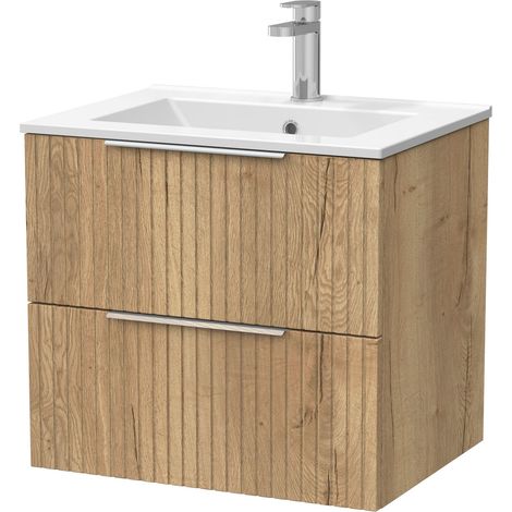Callingwood Contemporary Wall Hung 2 Drawer Vanity Unit with Minimalist Ceramic Basin , 600mm, Autumn Oak