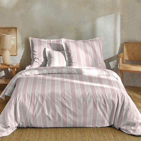 Parure de lit 240x220 coton rayure rose Terre de Nuit Rosalie - Rosalie