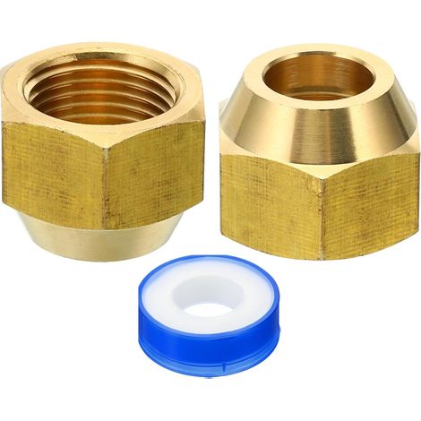 Écrou Évasé en Laiton 1/2 SAE, 2 Pcs, Raccord de Tube Évasé en Cuivre à 45 Degrés, Capuchon de Raccord de Tuyau en Laiton avec Ruban Adhésif pour Conduite de Gaz d'Eau, Brillant (1/5)