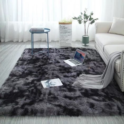 Tapis Trywise Simple Tie-Dye Gris foncé dégradé à poils longs, lavable, pour salon, table basse, chambre, chevet (80160cm) (1/2)