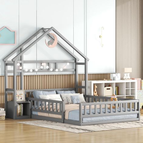 Redom – Lit enfant en bois 140x200 cm – Lit cabane avec barrières et sommier à lattes – Bois de pin – Couleur gris – Table de chevet incluse (1/5)