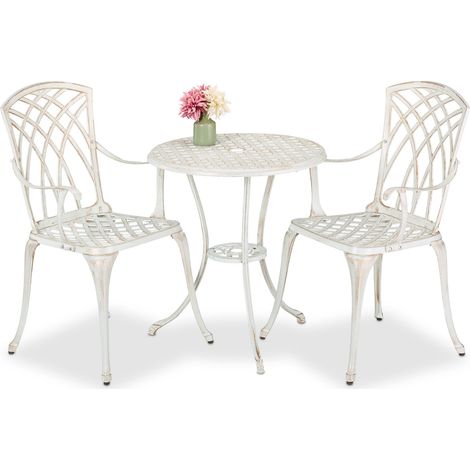 Relaxdays Set da Bistrot da 3, Tavolino da Giardino, 2 Sedie da Balcone, in Alluminio Stile Ferro Battuto, Bianco Bronzo