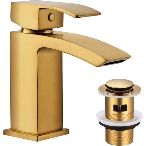 Peppermint Robinets de lavabo avec fente pop-up cascade robinet mitigeur d'évier de salle de bain or brossé robinet monobloc en laiton G1/2" tuyaux à levier simple clic clac (1/4)