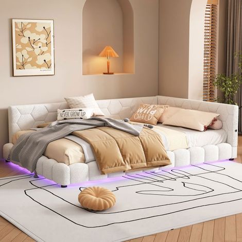 Doppelbett 140x200 cm - NMONET - 0F0420 - USB - LED - Moderner Stil in weißem Sherpa