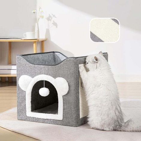 Large Covered Cave Beds for Indoor Cats with Hanging Ball and Scratching Pad (1/4)