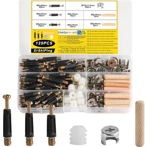 125 Pcs 3 in 1 Excentrique Connecteur Meubles, Comprenant Boulons Raccords de Came Connecteur de Meuble, Goujons à Visser Chevilles en Bois,écrous Boulon Connexion de Panneaux pour Placard Armoires (1/5)