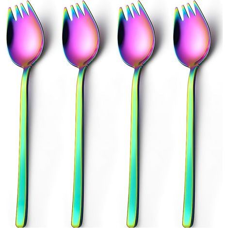 4 stuks kleurrijke vorklepels, lang 19 cm roestvrij staal, slavork, 2-in-1 dinervork, soeplepel, saladevork, noedellepel, multifunctionele fruitdessert lepel voor familiecamping en picknick outdoor (1/5)