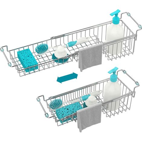 Organisateur d'évier de Cuisine Extensible à Suspendre au-Dessus de l'évier, égouttoir, pour éponge, Brosse, Savon, torchon et essuie-Tout, en Acier Inoxydable (de 36,8 cm à 55,9 cm) (1/5)