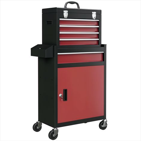 Armoire à outils sur roulettes en acier rouge avec 5 tiroirs et coffre amovible, 60 x 28 x 102 cm (1/5)