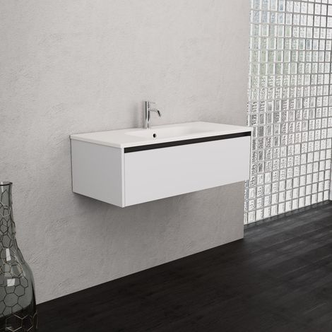 Inda - Badezimmerschrank 1 Schublade B.100 mit mattiertem Waschbecken / Mattweiß - Smeraldo (1/5)