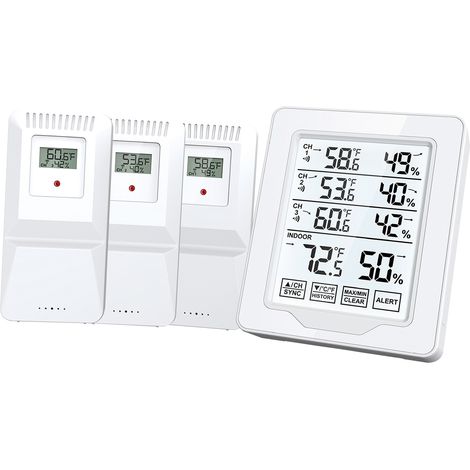 Thermomètre et hygromètre intérieur/extérieur, portée de 150 m, avec 3 capteurs déportés et rétroéclairage blanc. (1/5)