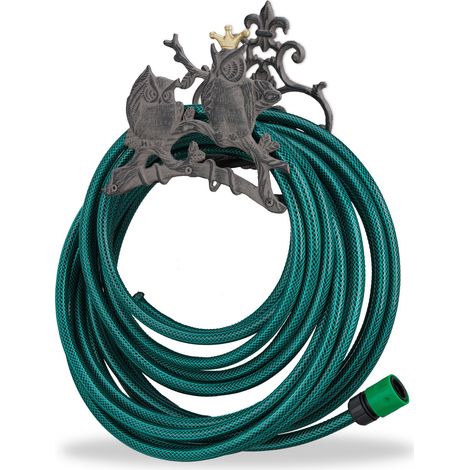 Relaxdays Garden Hose Holder, Cast Iron, Owl, Nostalgic Hose Reel, Wall-Mounted, HxWxD: 23 x 24 x 15 cm, Grey