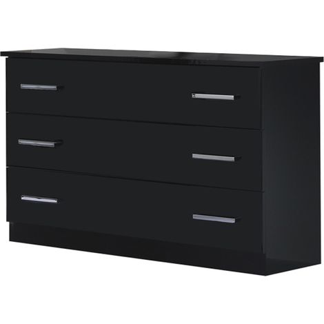 Commode design grands 3 tiroirs bois noir laqué avec poignées chromées Turin 116cm (1/3)