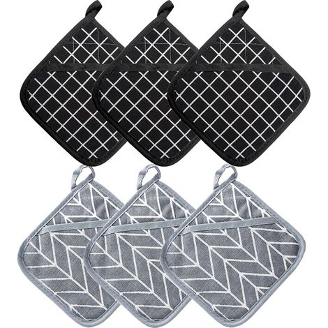 200 °C hitzebeständige Topflappen und Ofenhandschuhe, dickes Ofenhandschuh-Set mit Füllung aus recycelter Baumwolle, zum Kochen und Backen, 17 cm x 17 cm, 3 Stück Grau und 3 Stück Schwarz (1/5)