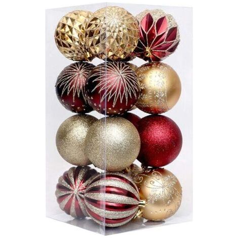 QORVA-Lot de 16 boules de Noël pour décoration de Noël, boules de sapin rouge et or, pour intérieur et extérieur. (1/4)