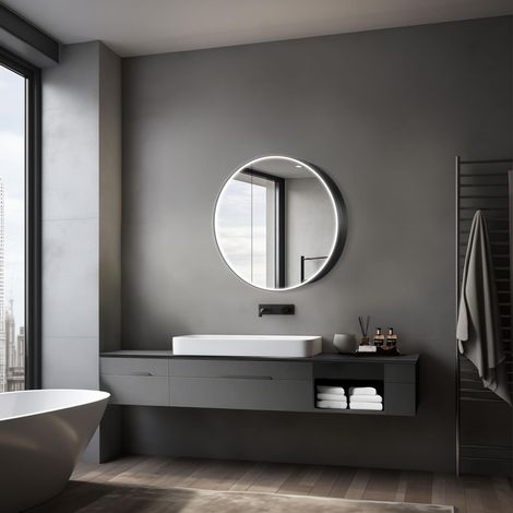 Armoire de Toilette Lumineuse Ø80 cm Noir - Meuble de Salle de Bain avec Miroir et 2 étagères - Aluminium - Fond Miroir (1/5)