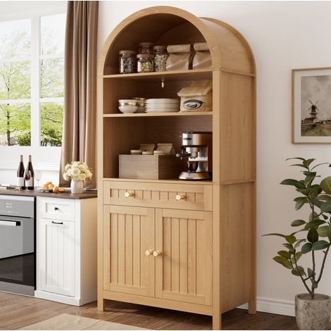 Buffet haut 76x40x180 cm avec étagères ouvertes, tiroir et rangement à épices, MDF et panneaux de particules naturel (1/5)