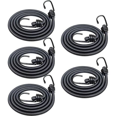 Lot de 5 tendeurs élastiques avec crochets, petits cordons élastiques très résistants pour vélos, camping, outils, multicolore (noir) (1/5)