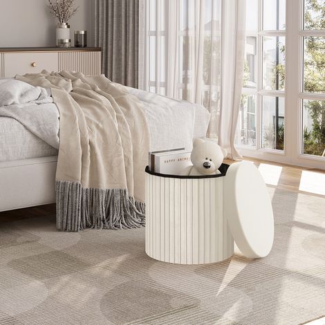 WOLTU Sitzhocker Sitzbox mit Stauraum und Deckel Rund Sitztruhe faltbar Polsterhocker Fußhocker Aufbewahrungsbox aus Velvet MDF φ38xH36 cm, Creme (1/5)