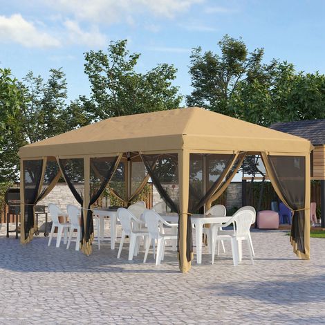 Gazebo da Giardino 6x3m Pieghevole con Zanzariera, Altezza Regolabile e Borsa di Trasporto, Beige