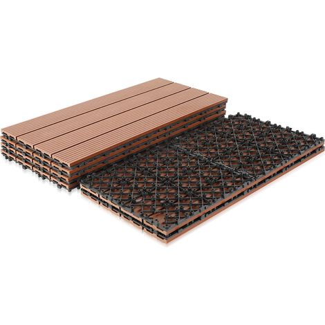 Wolketon Losas de terraza Losetas de madera con clip 12 piezas Losetas de revestimiento 60x30 para terraza de jardín, Marrón