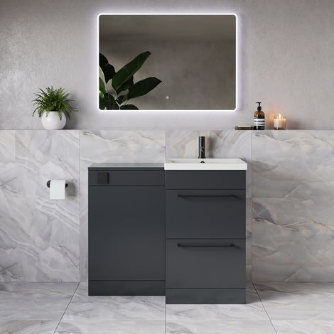 Napoli 390 Gloss Grey 1000mm 2 Drawer Vanity Unit Toilet Suite with Glide Basin - 1000mm - Matt Black 320mm HandleWithout Kingston Toilet Pan