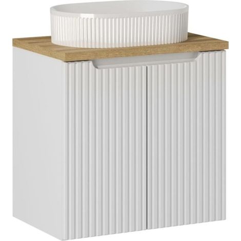 Ensemble VANO weiß 60cm: Unterschrank mit Schränken + Platte für Waschbecken in heller Eichenoptik + geriffeltes Aufsatzwaschbecken in Weiß