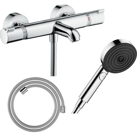 Pack mitigeur bain thermostatique HANSGROHE Ecostat Comfort + Flexible Designflex 1,6m + Pommeau Pulsify EcoSmart 3 jets chromé (1/4)